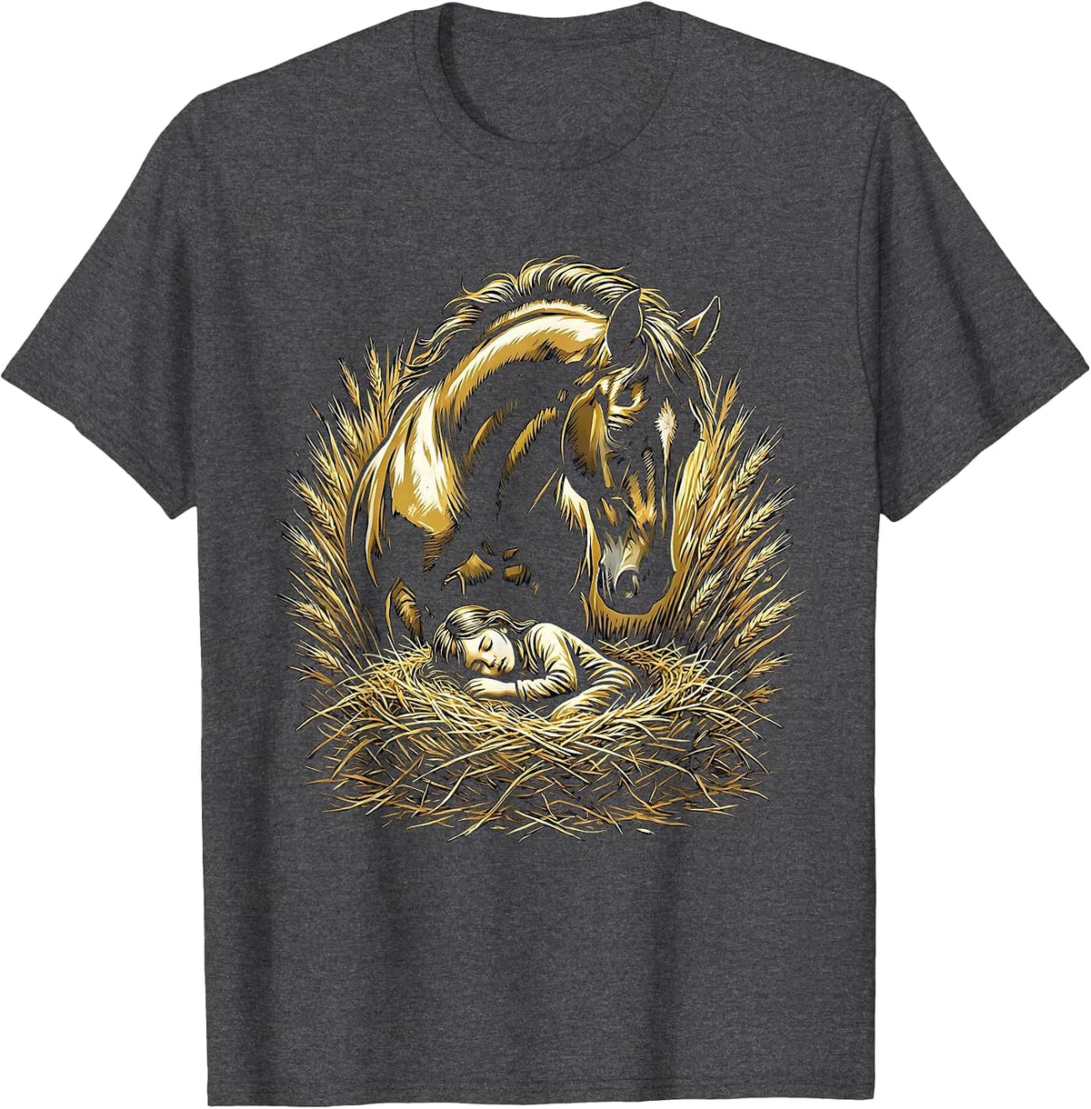 Horse Girl Sleeping in Hay Illustrated Graphic T-Shirt - Dark Heather Grey