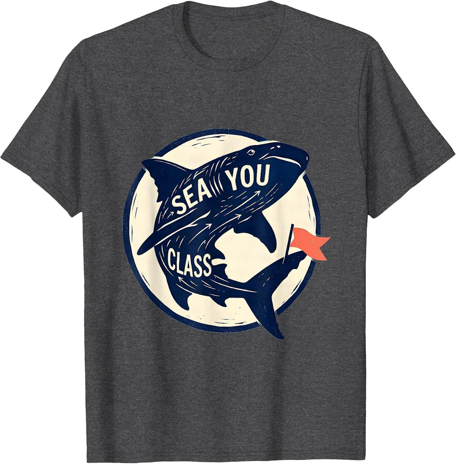 Men's Sea You, Class Linocut Whale Shark Teacher Birthday Gift T-Shirt - Dark Heather Grey