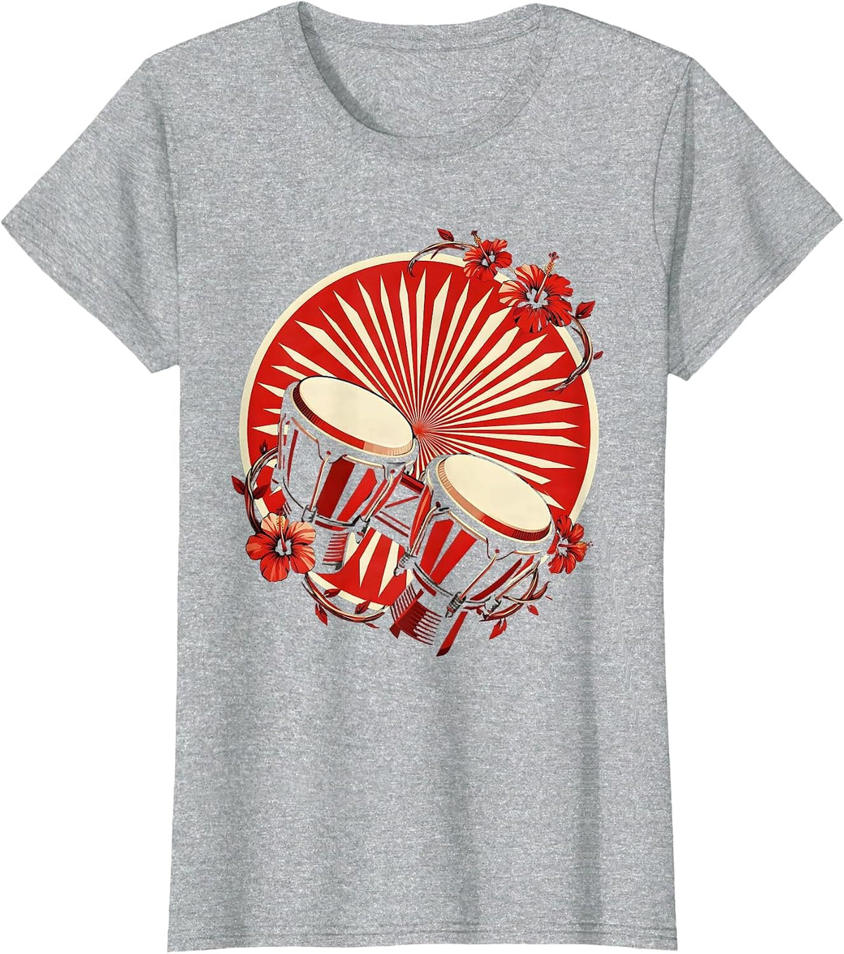 Women's Cuba Bongo Drums Tropical Hibiscus Floral Art T-Shirt - Heather Grey