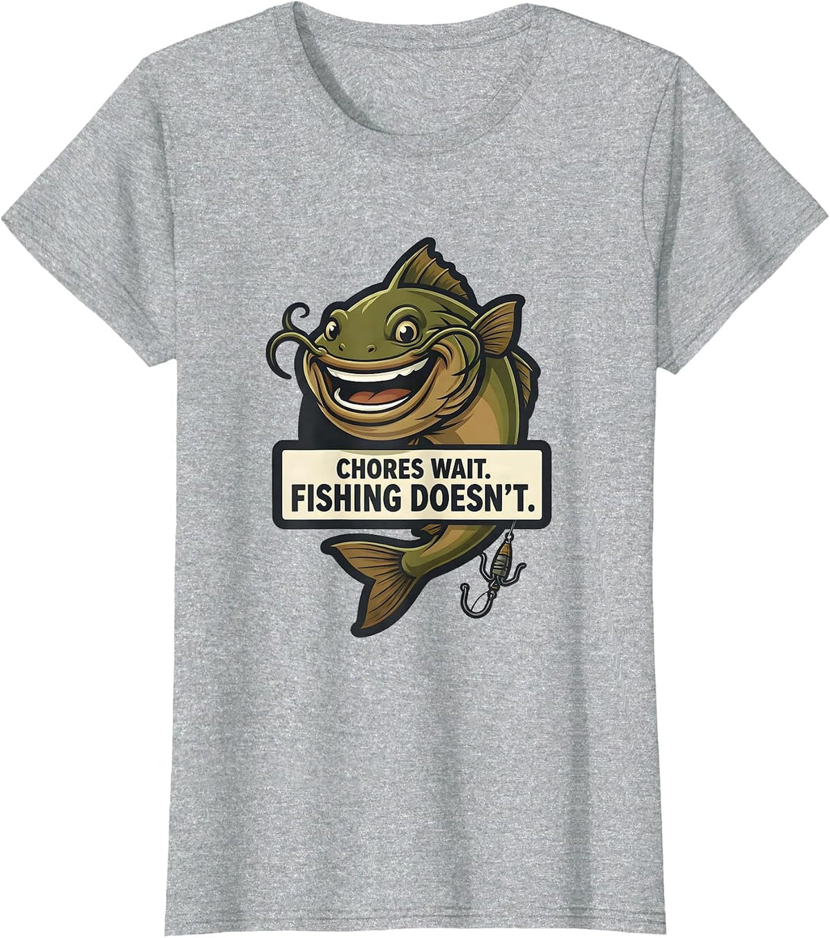 Chores Wait. Fishing Doesn't. Funny Fishing Humor Fisherman T-Shirt - Heather Grey