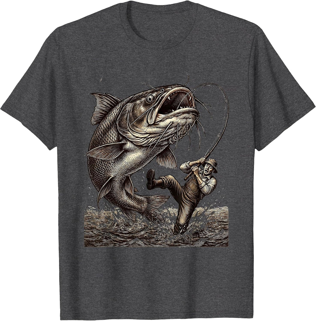 Men's Catfish Chaos Funny Fishing Graphic T-Shirt - Dark Heather Grey