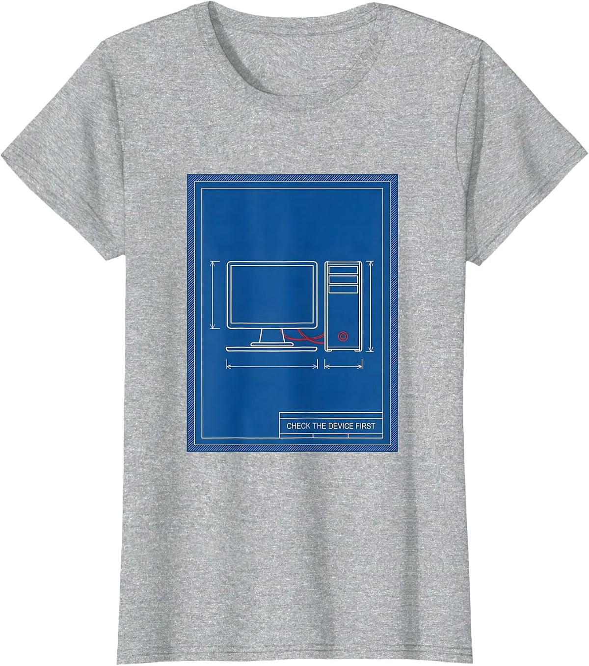 Check The Device First Technical Blueprint IT Support Humor T-Shirt - Heather Grey