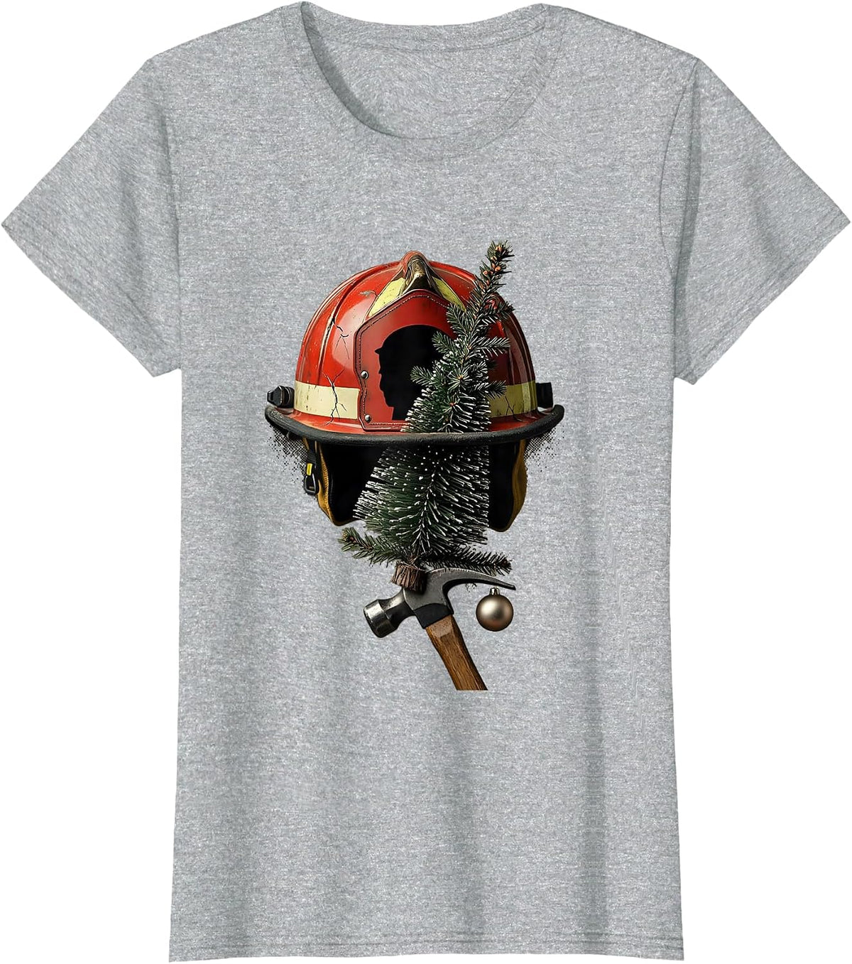 Blank-Shield Firefighter Helmet Distressed Christmas Humor T-Shirt - Heather Grey