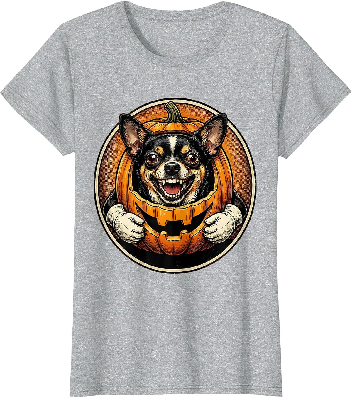 Halloween Chihuahua Jack-O-Lantern Pumpkin Design T-Shirt - Heather Grey