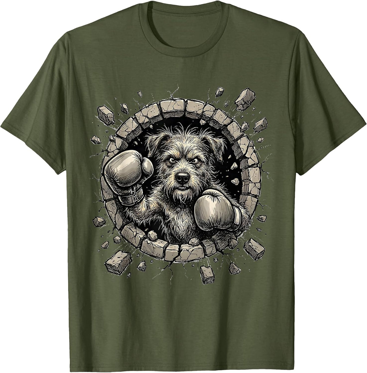 Crazy Dog Boxing Gloves Punching Through Wall T-Shirt - Olive Green