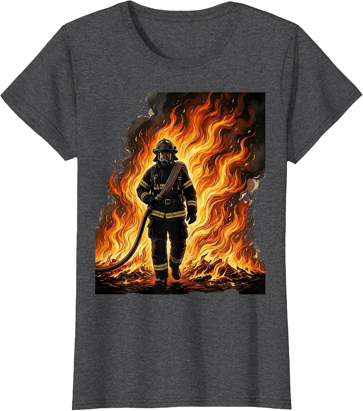 Women's Firefighter Silhouette Through Flames Graphic T-Shirt - Dark Heather Grey