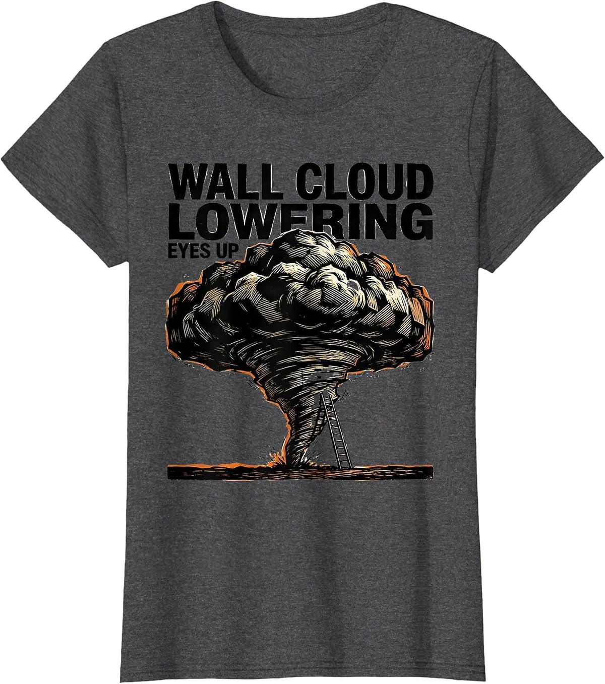 Women's Wall Cloud Lowering Eyes Up Linocut Tornado Chaser T-Shirt - Dark Heather Grey