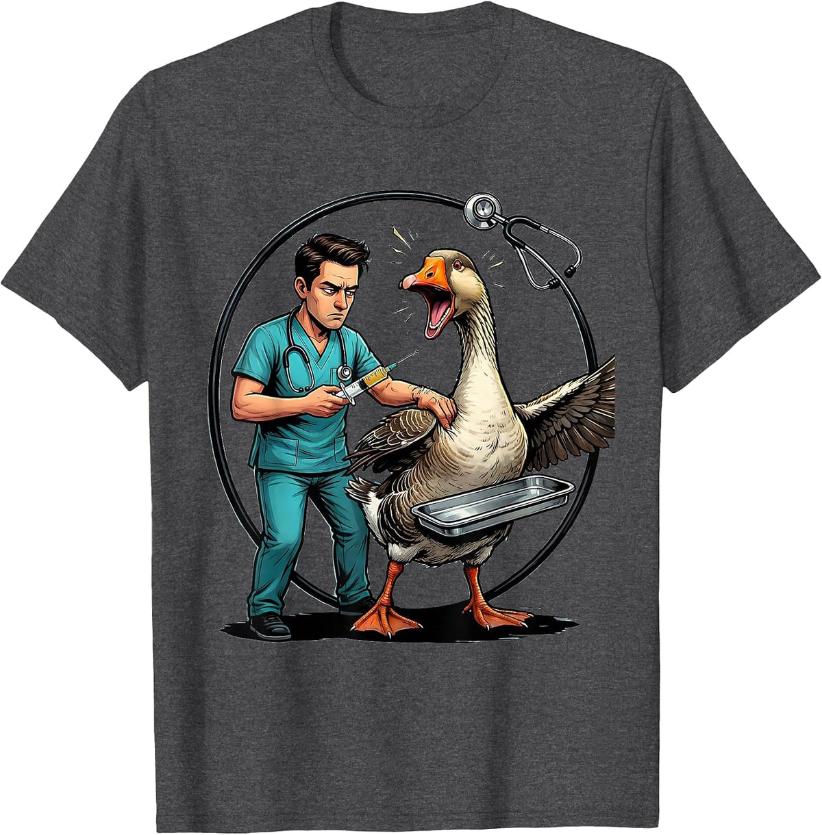 Men's Vet Worker Vaccine Cartoon Funny Veterinary Gift T-Shirt - Dark Heather Grey