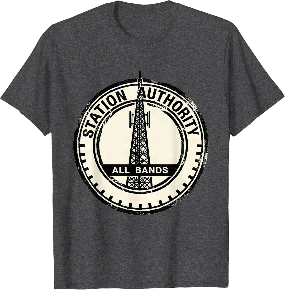 Men's Station Authority All Bands Rubber Stamp Ham Radio Operator T-Shirt - Dark Heather Grey