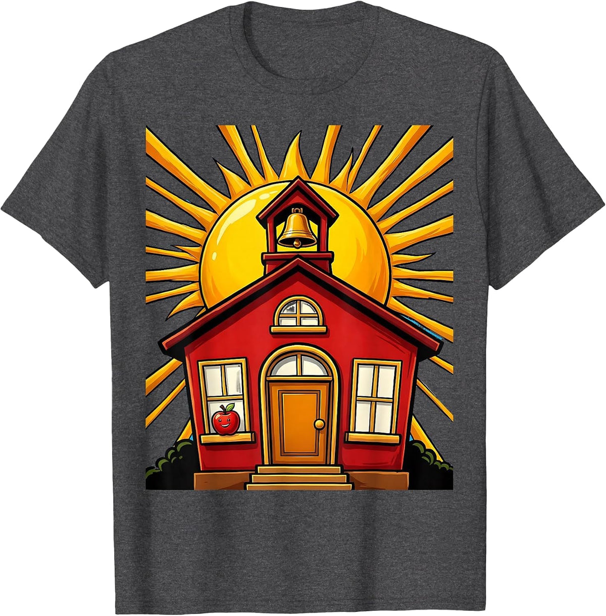 5th Grade Teacher Schoolhouse Sunrise Graphic T-Shirt - Dark Heather Grey