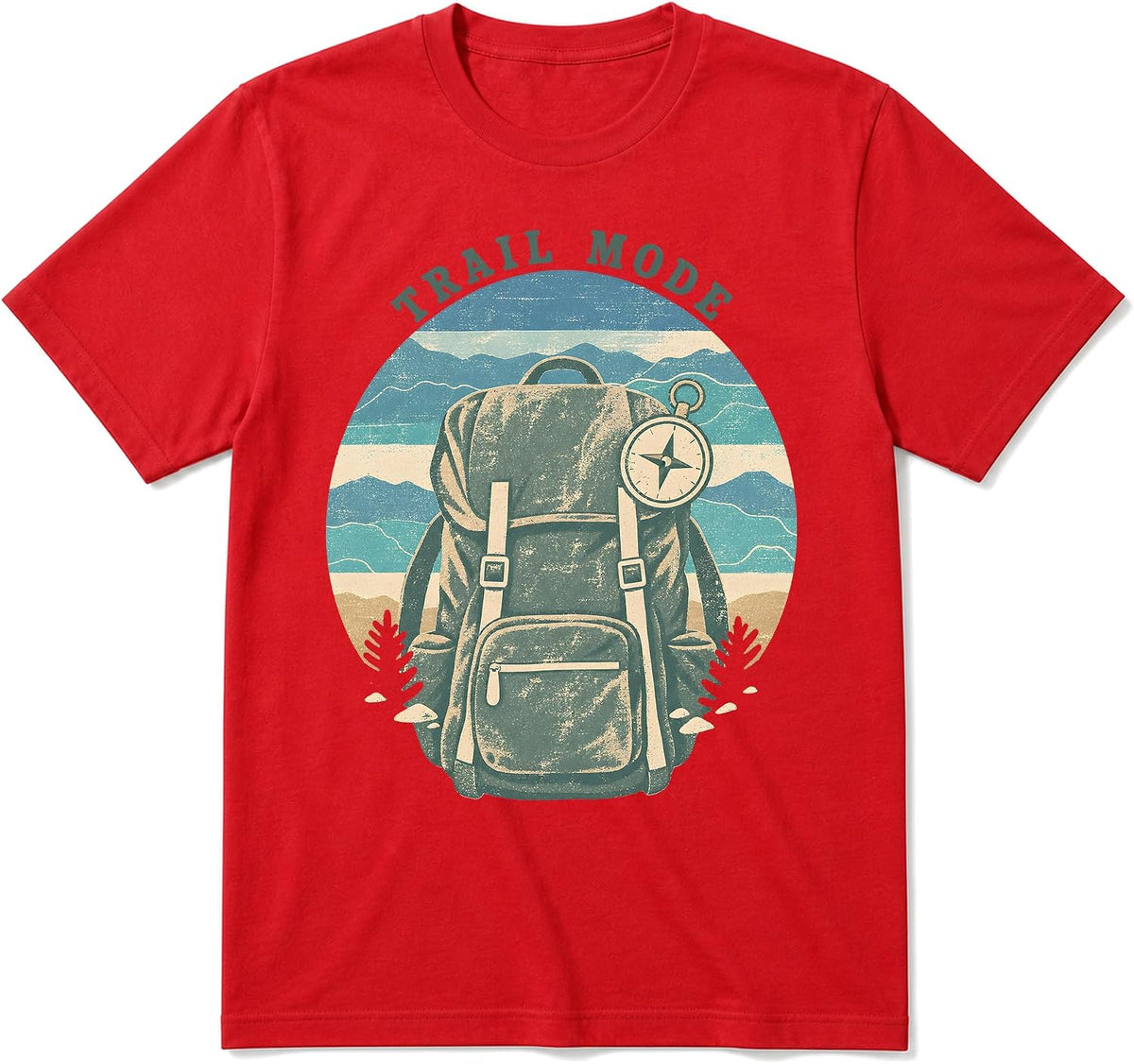 Retro Camping T-Shirt, Hiking Backpack and Compass Graphic - Red
