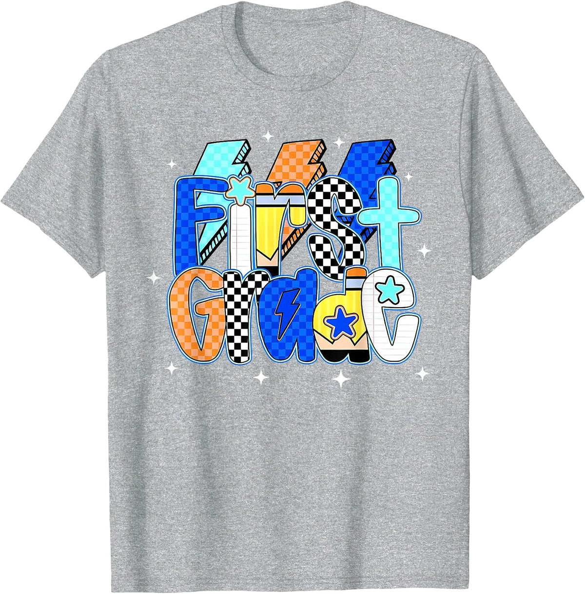 Checkered Lightning Bolt First Grade Back to School Girls T-Shirt - Heather Grey
