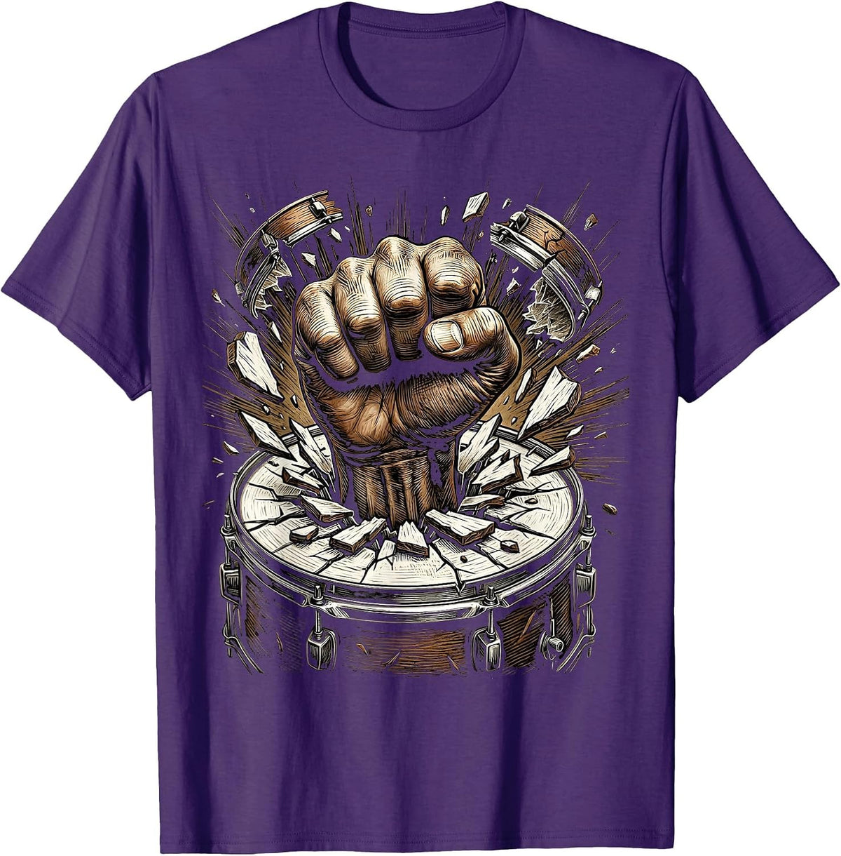 Fist Through Bass Drum Rock Music Graphic T-Shirt - Purple