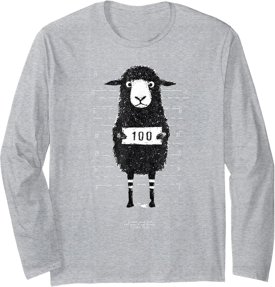 Funny Black Sheep Mugshot Lost But Found Humor Funny Jesus Long Sleeve T-Shirt - Adult Unisex Heather Grey