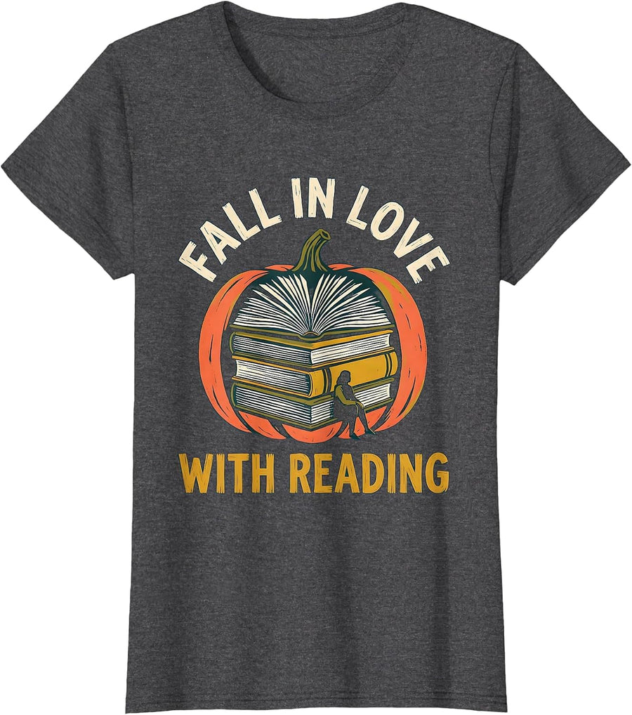 Women's Fall In Love With Reading Midcentury Modern Teacher Book T-Shirt - Dark Heather Grey