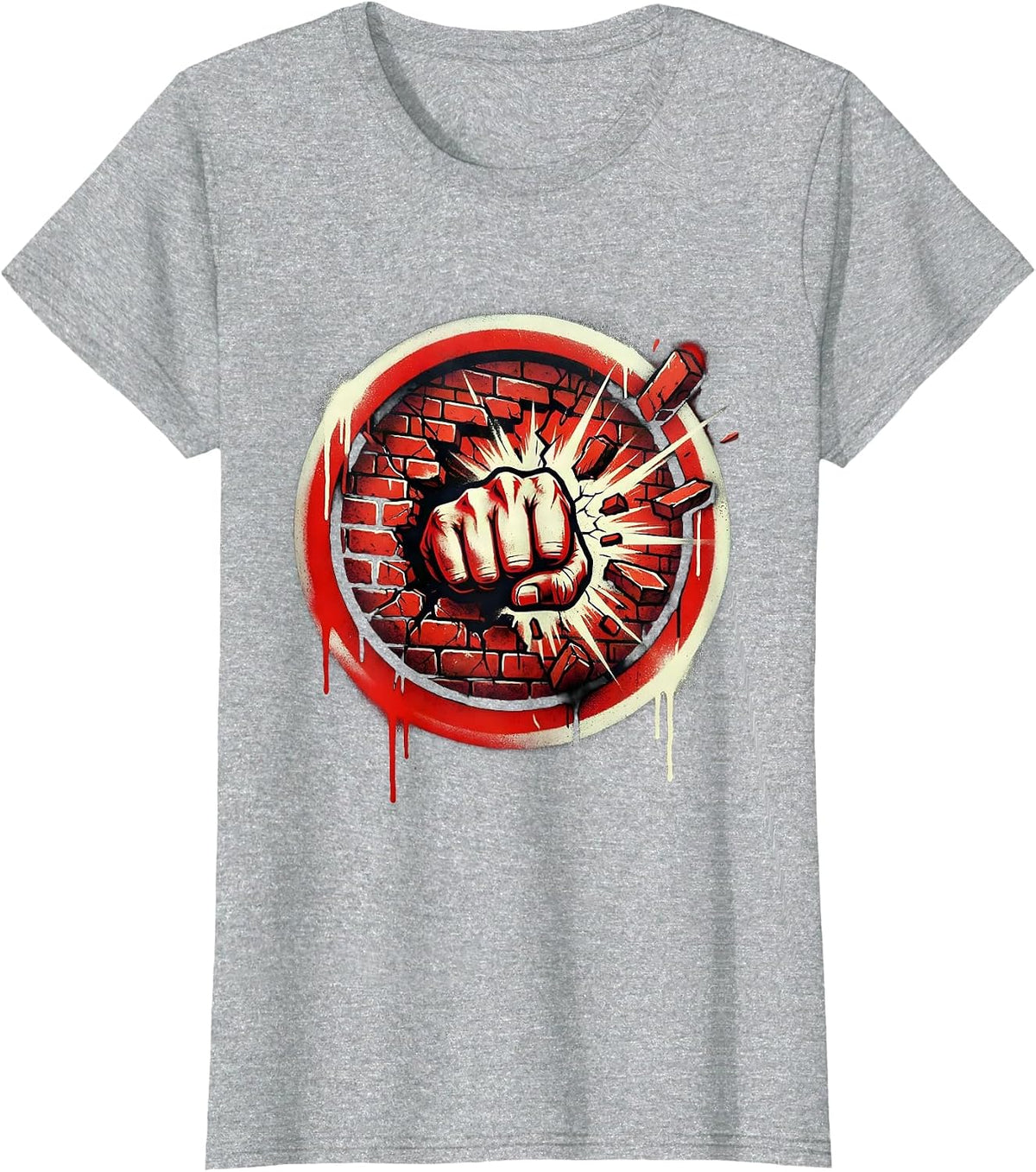 Punk Rock Fist Through Brick Wall Graphic T-Shirt - Heather Grey