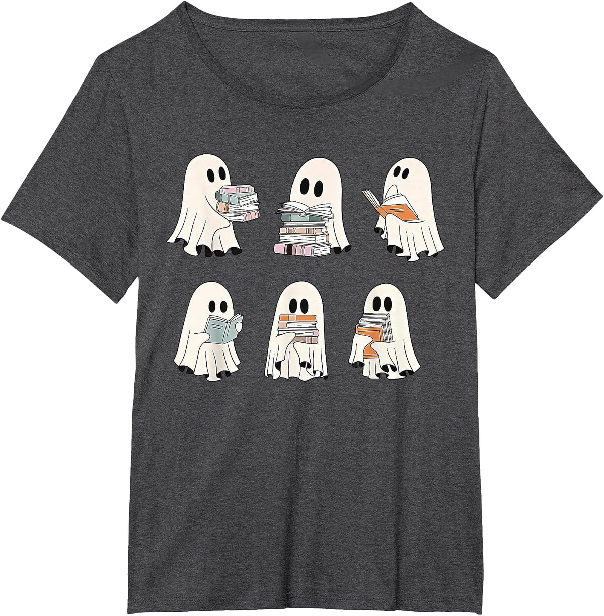 Retro Ghost Reading Books, Halloween Bookish Ghost Bookworm T-Shirt - Dark Heather Grey