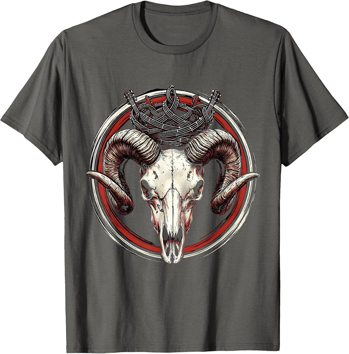 Ram Skull Crown of Guitar Strings Graphic T-Shirt - Asphalt Grey