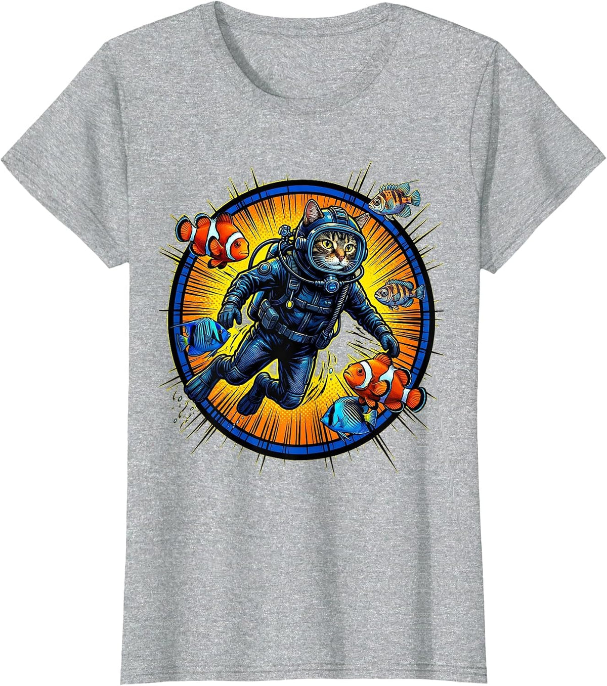 Cat Scuba Diver Tropical Fish Underwater Adventure T-Shirt - Heather Grey