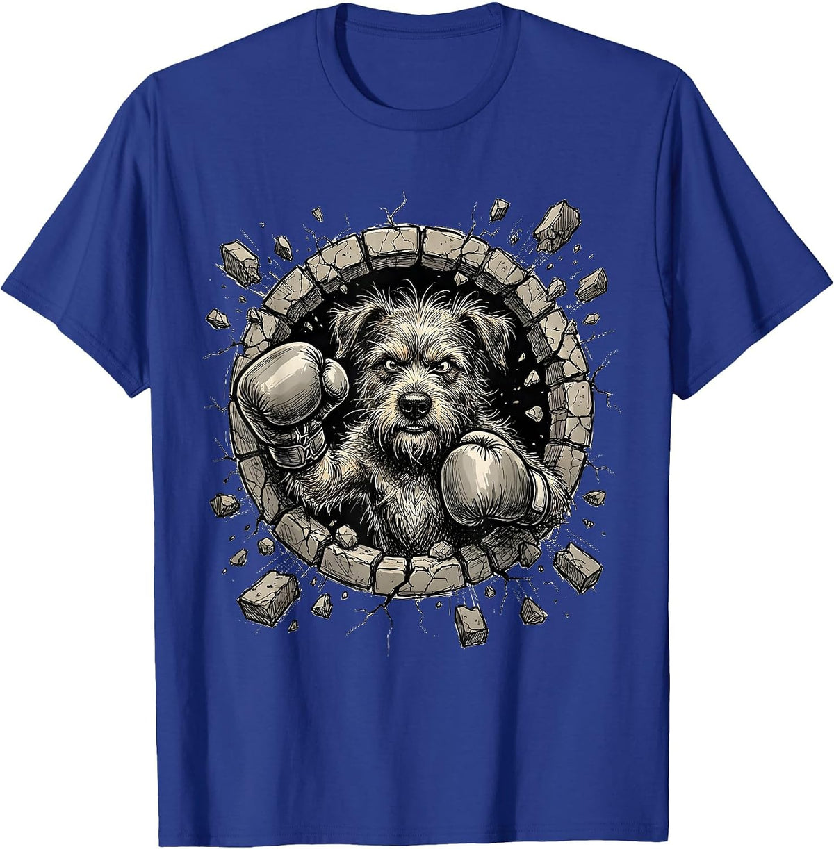 Crazy Dog Boxing Gloves Punching Through Wall T-Shirt - Royal Blue