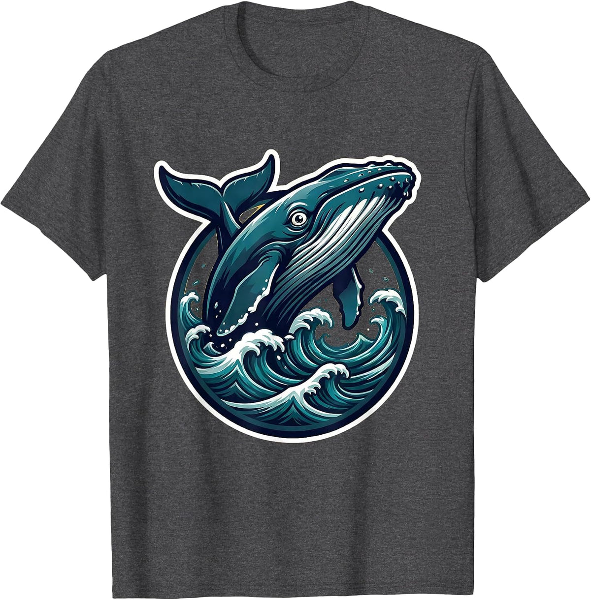 Men's Whale Breaching Ocean Waves Graphic Design T-Shirt - Dark Heather Grey