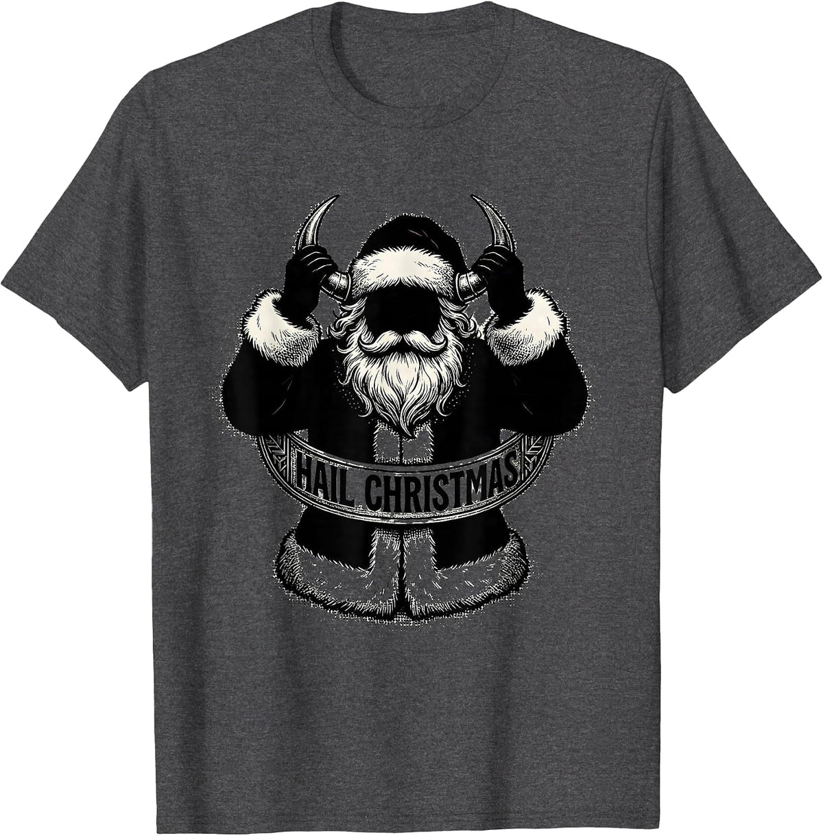 Hail Christmas Blackwork Dotwork Heavy Metal Santa Parody T-Shirt - Dark Heather Grey