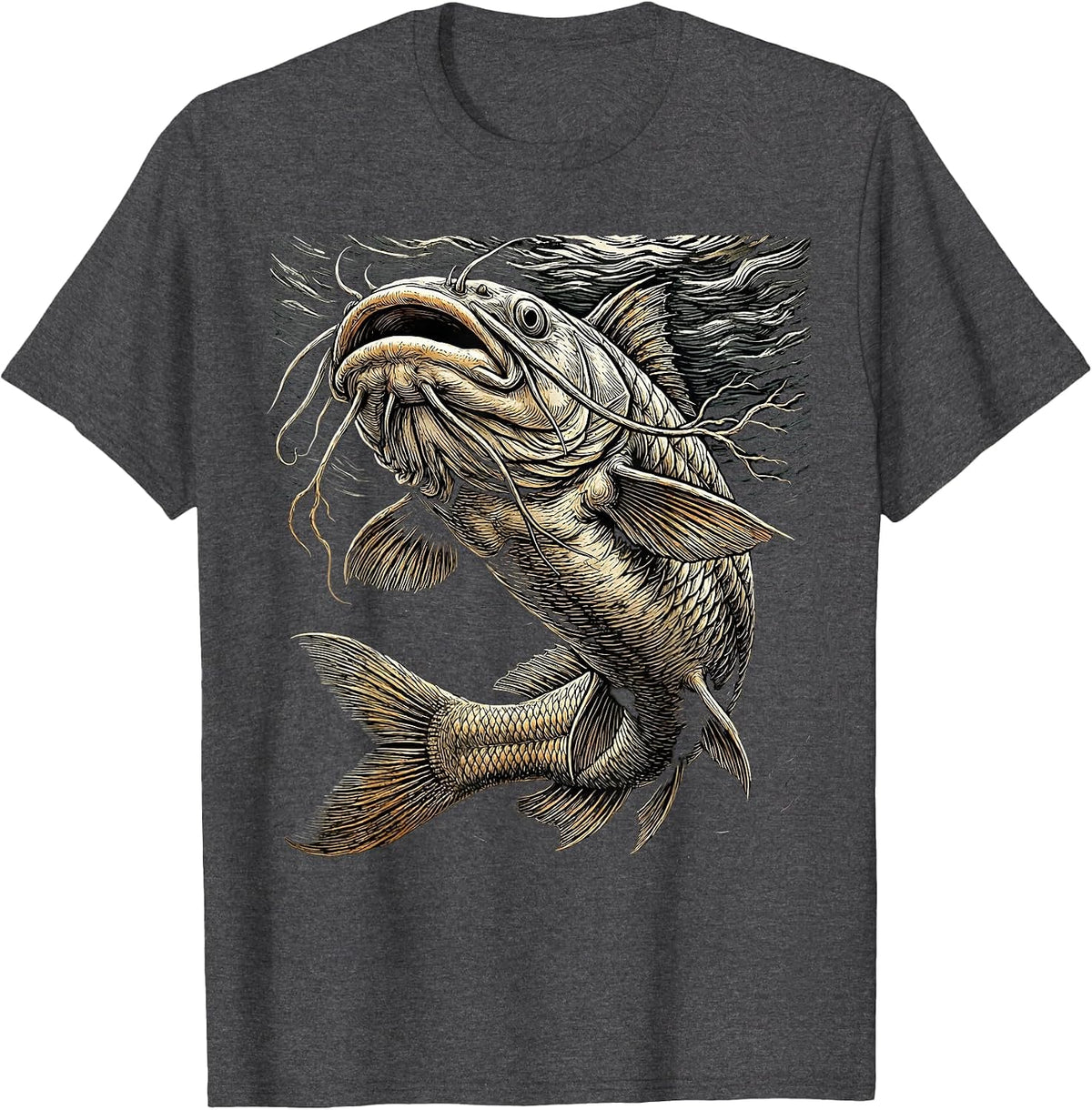 Men's Catfish Dark Depths Lurking Giant Fishing Graphic T-Shirt - Dark Heather Grey