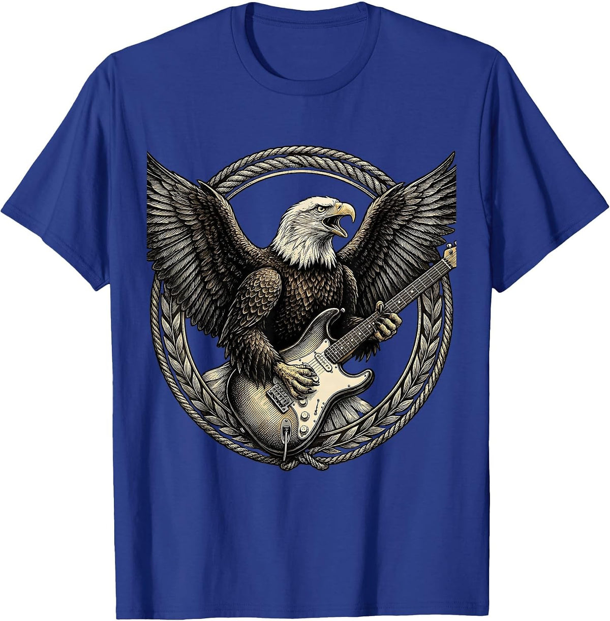 Eagle Clutching Electric Guitar Rock Band Graphic T-Shirt - Royal Blue