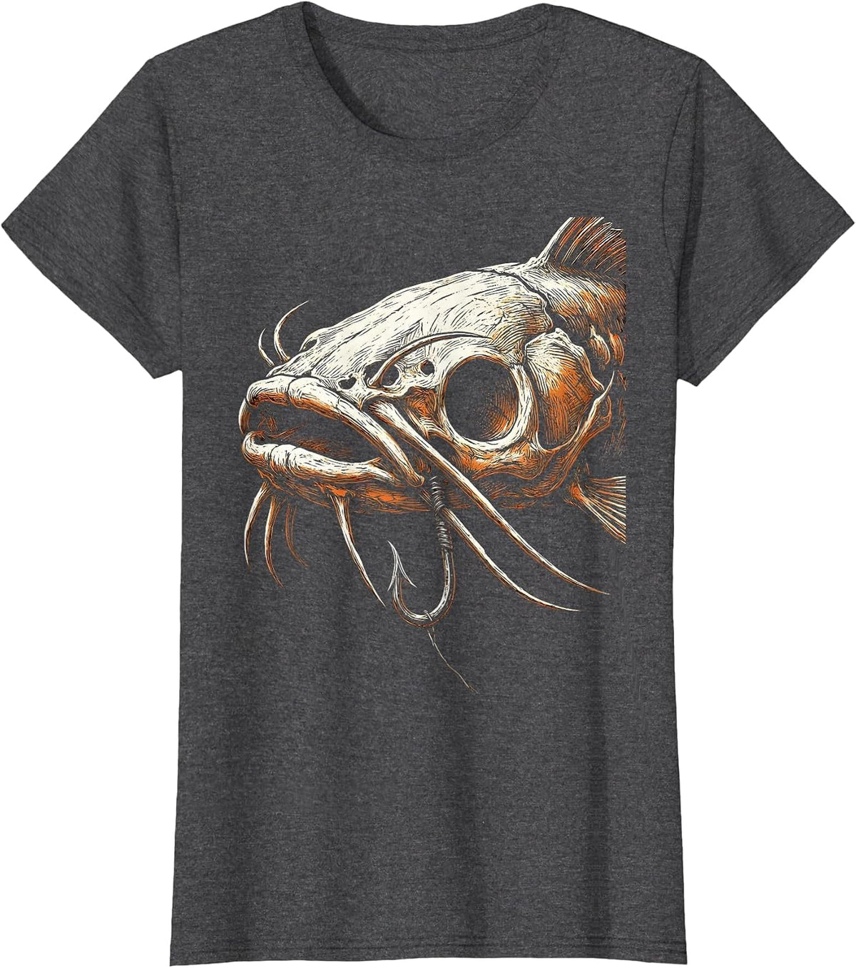 Women's Catfish Skull Hook Jaw Dark Fishing Graphic T-Shirt - Dark Heather Grey