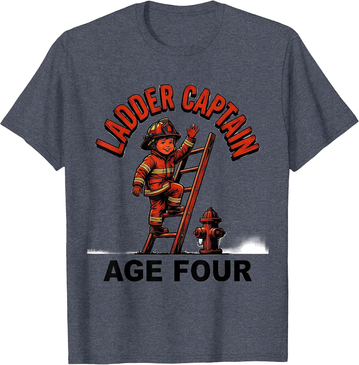 Ladder Captain Age Four Firefighter Kids Birthday Party T-Shirt - Heather Blue