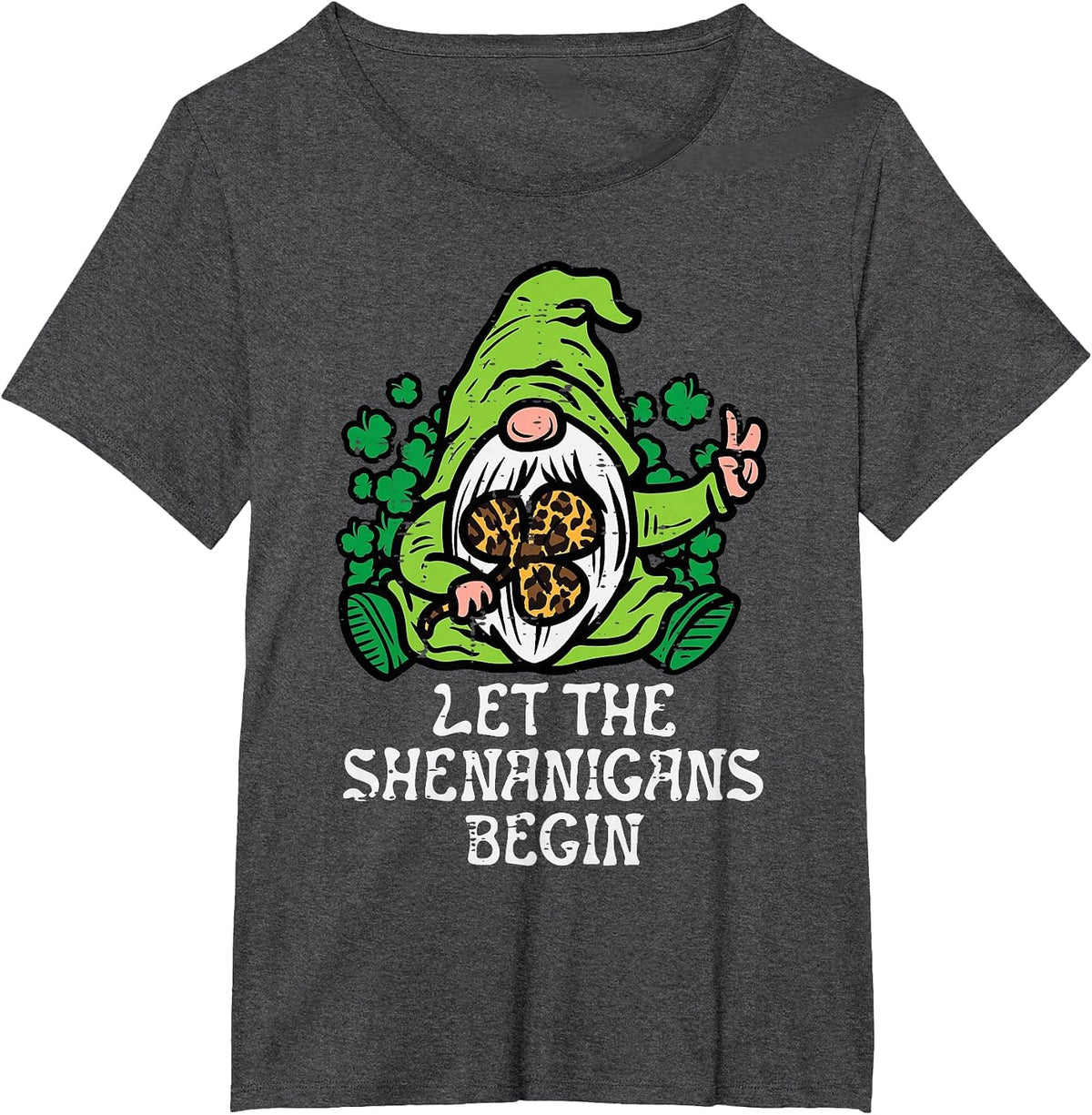 Gnome Leopard Shamrock Shenanigans St Patricks Day Women T-Shirt - Dark Heather Grey