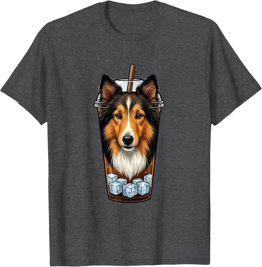 Men's Iced Coffee Shetland Sheepdog Dog Lover Meme Humor T-Shirt - Dark Heather Grey