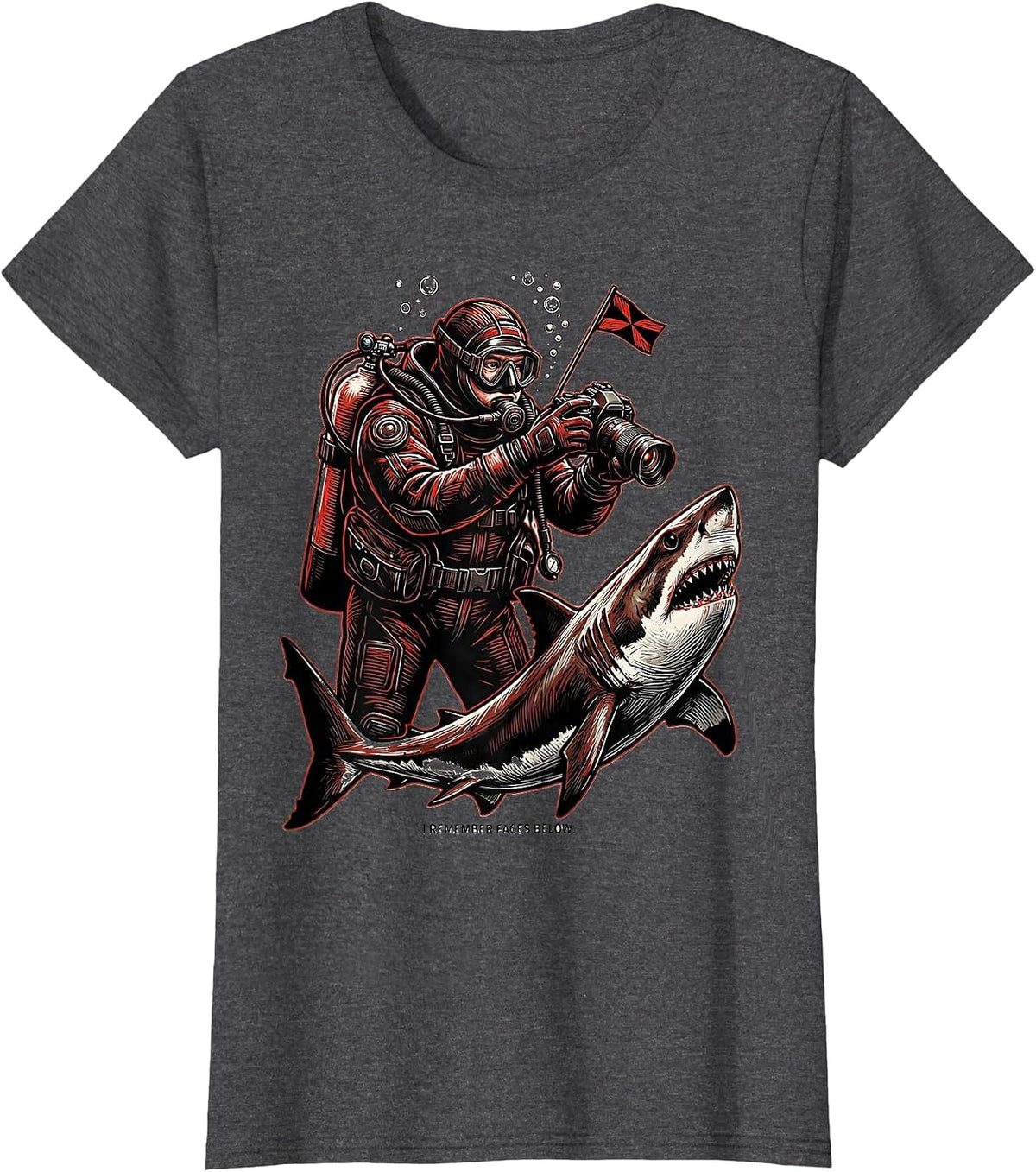 Women's I Remember Faces Below Linocut Scuba Diver Gift Christmas T-Shirt - Dark Heather Grey