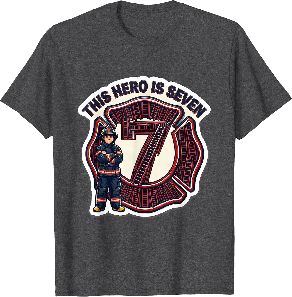 Men's This Hero Is Seven Cute Fire Truck Toddler Firefighter T-Shirt - Dark Heather Grey