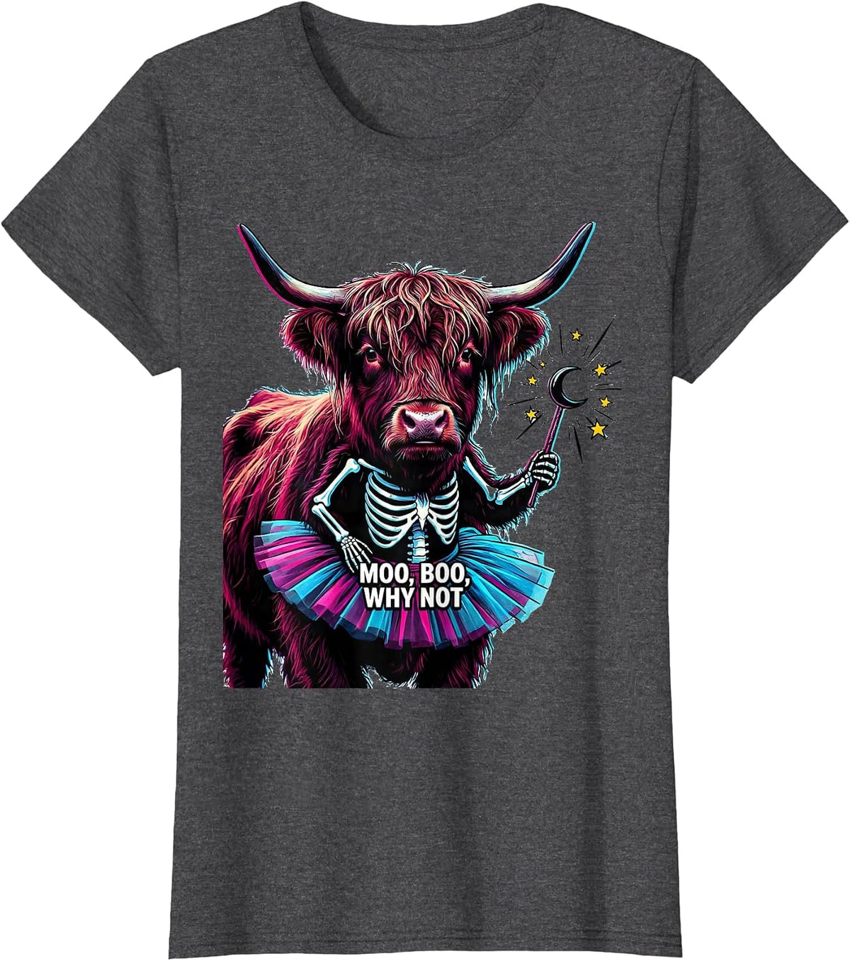 Women's Moo Boo Why Not Pop Art Highland Cow Halloween Costume Humor T-Shirt - Dark Heather Grey