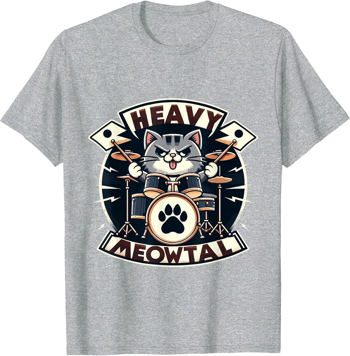 Heavy Meowtal Rock Music Drummer Cat T-Shirt - Heather Grey