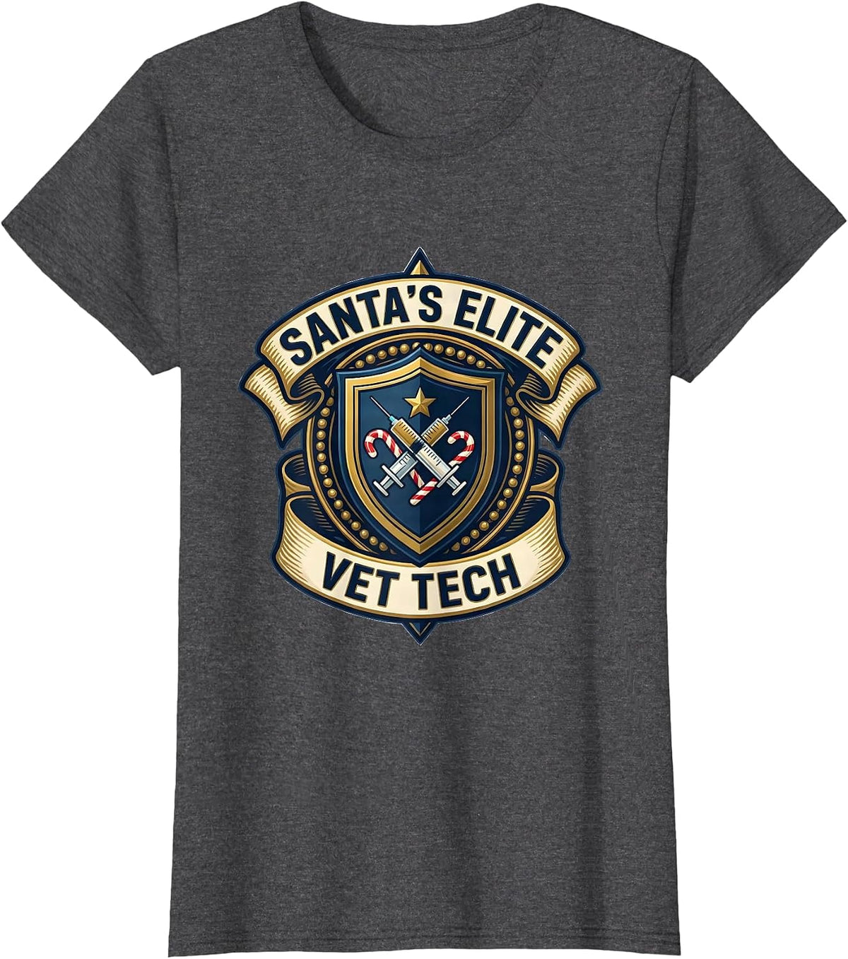 Women's Santa's Elite Vet Tech Funny Veterinary Technician Christmas T-Shirt - Dark Heather Grey