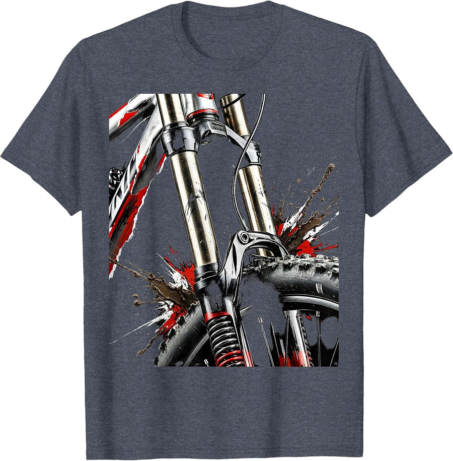 Mountain Bike Fork Suspension Mud Splatter Graphic T-Shirt - Heather Blue