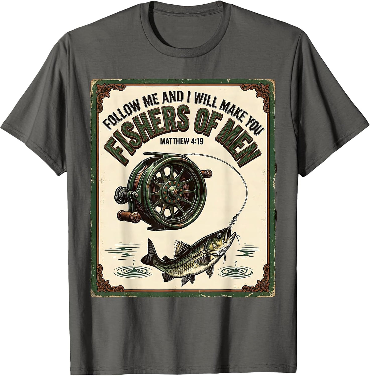 Men's Fishers Of Men Matthew 4:19 Vintage Christian Fishing T-Shirt - Asphalt Grey