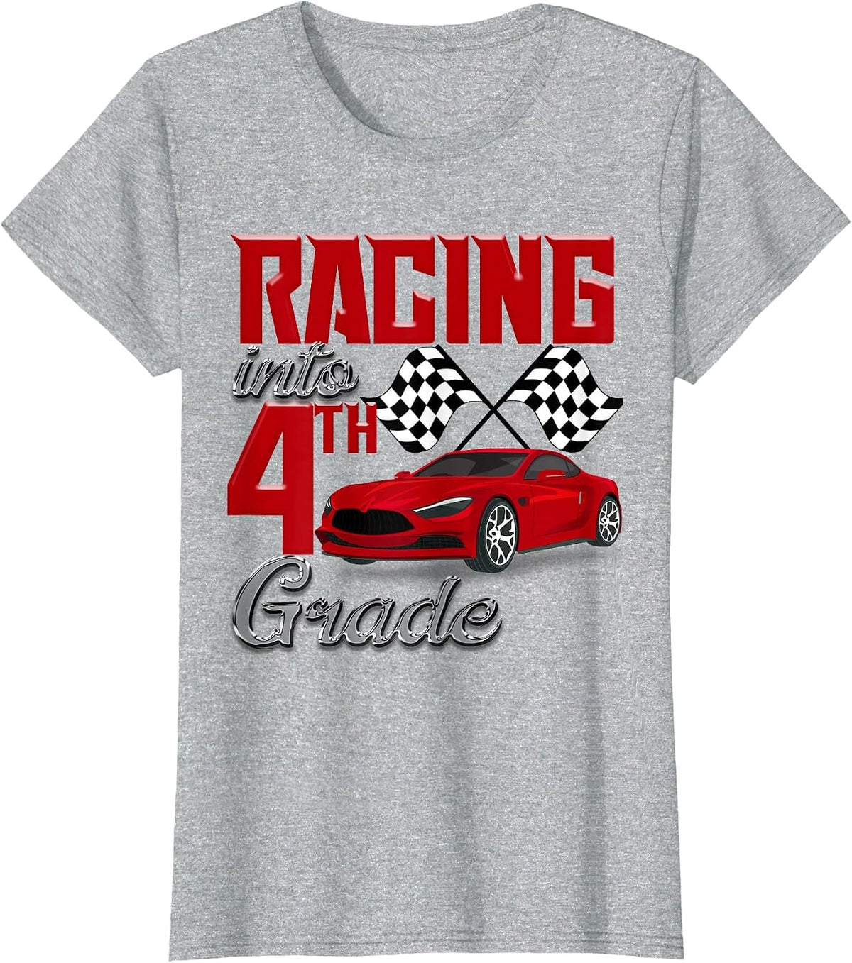 Racing Into 4th Grade Race Car School Kids Checker Flag Boys T-Shirt - Heather Grey