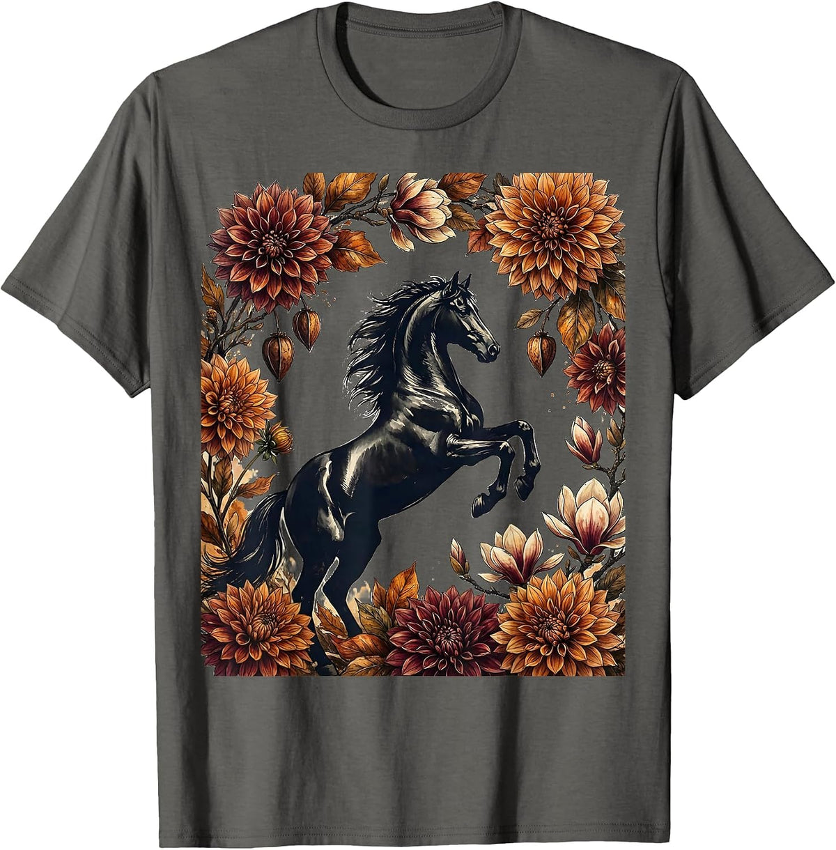 Rearing Stallion Autumn Floral Arch Derby Design T-Shirt - Asphalt Grey