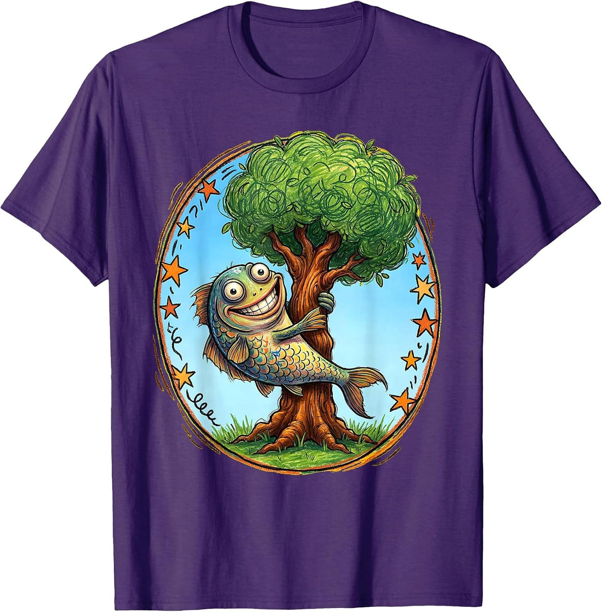 Funny Fish Climbing a Tree Stupid Humor Design T-Shirt - Purple