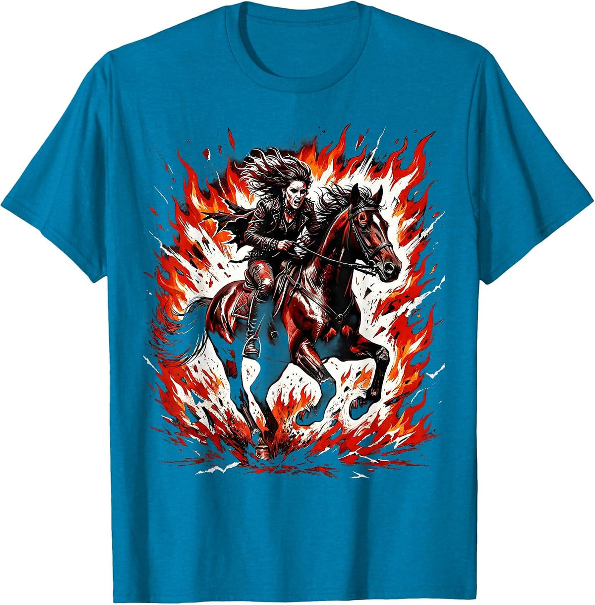 Rider Through Fire Galloping Horse Illustration T-Shirt - Sapphire Blue