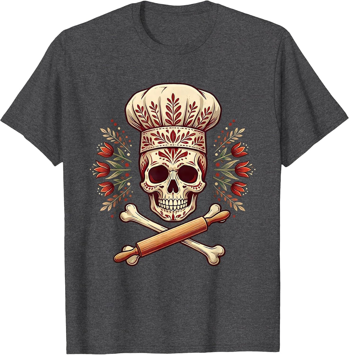 Chef Skull Crossbones Dark Culinary Art Design T-Shirt - Dark Heather Grey