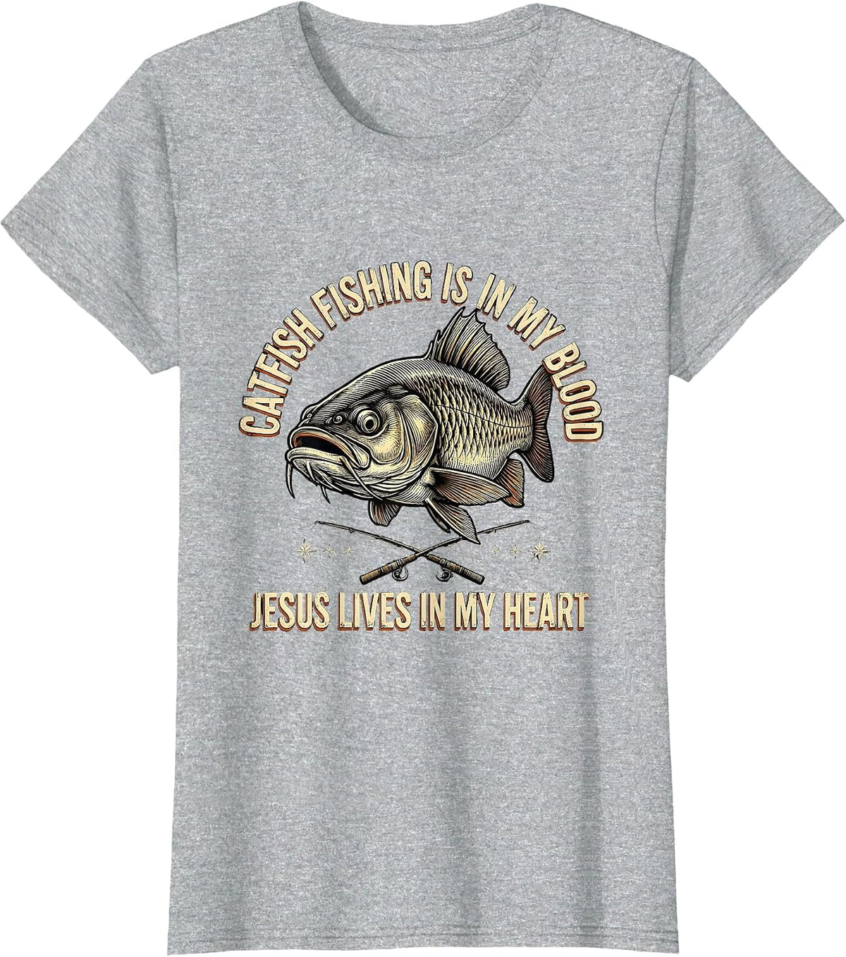 Women's Catfish Fishing Is In My Blood, Jesus Lives In My Heart T-Shirt - Heather Grey