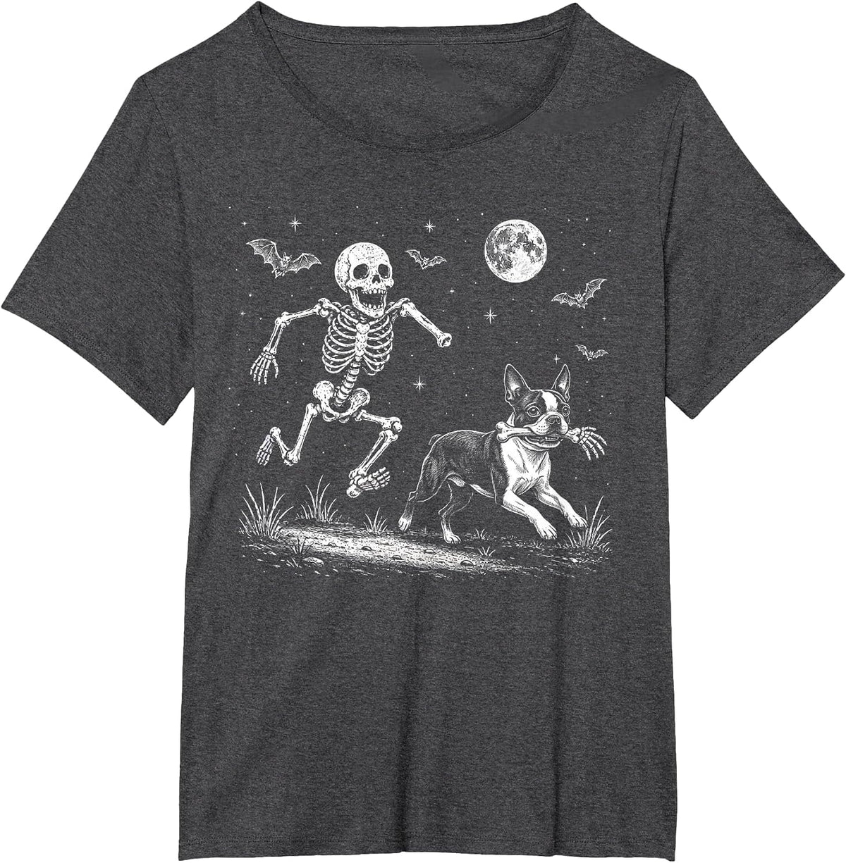 Funny Skeleton Chasing Boston Terrier Halloween Dog Mom Pet T-Shirt - Dark Heather Grey