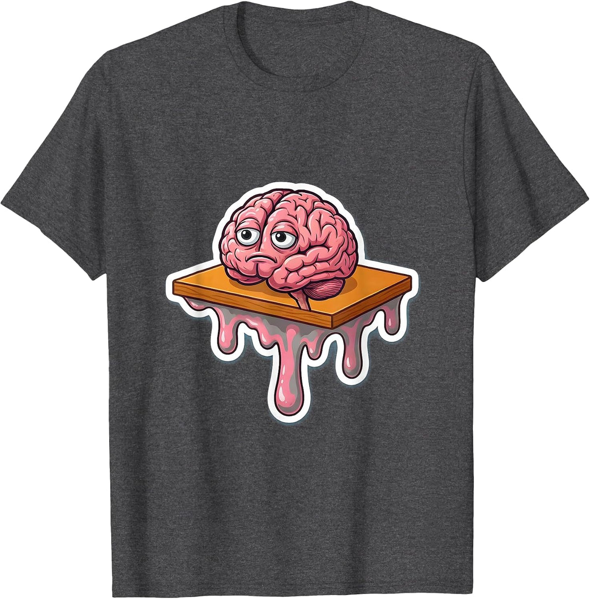 Melting Brain Over Desk Edge Funny Illustration T-Shirt - Dark Heather Grey