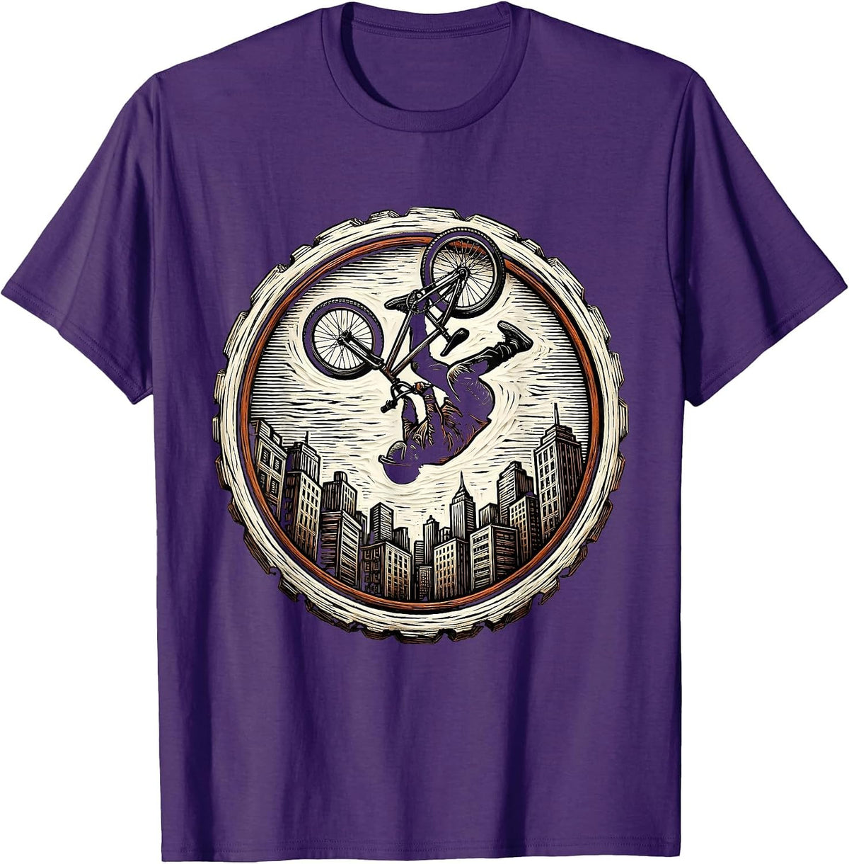 BMX Backflip City Skyline Graphic Tee T-Shirt - Purple