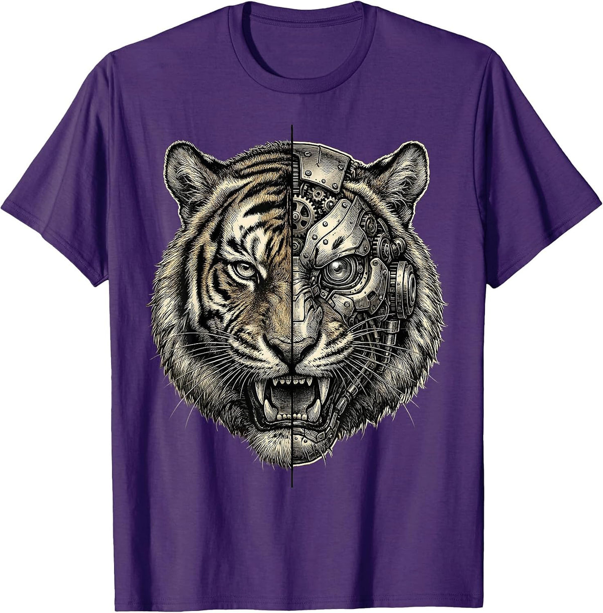 Men's Half Tiger Half Robot Mechanical Face Graphic T-Shirt - Purple