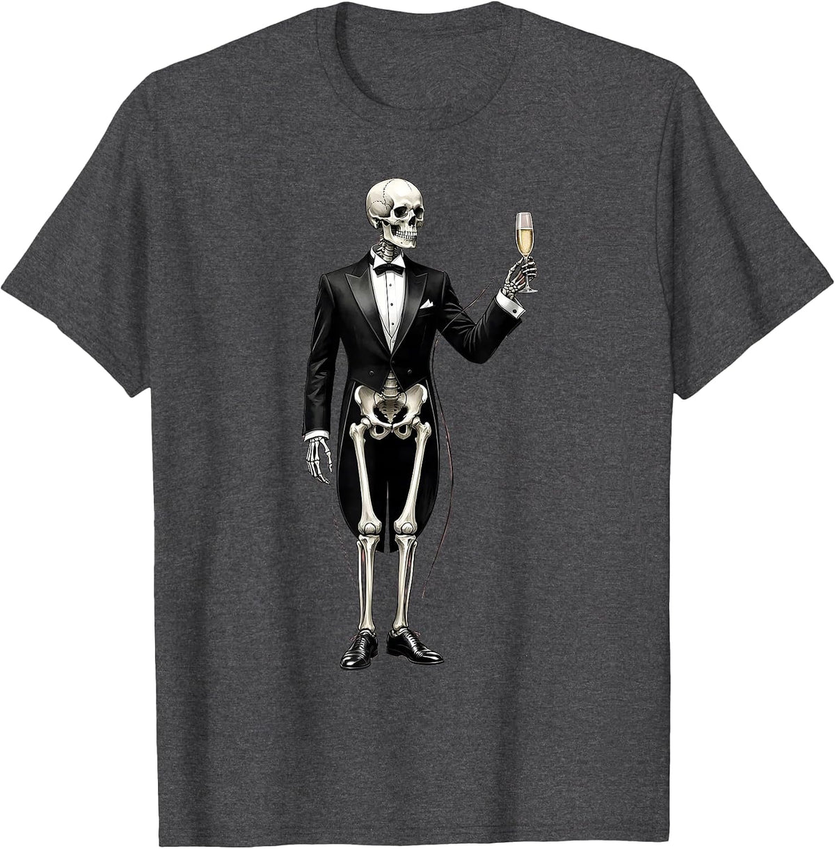Tuxedo Skeleton Champagne Toast Graphic T-Shirt - Dark Heather Grey